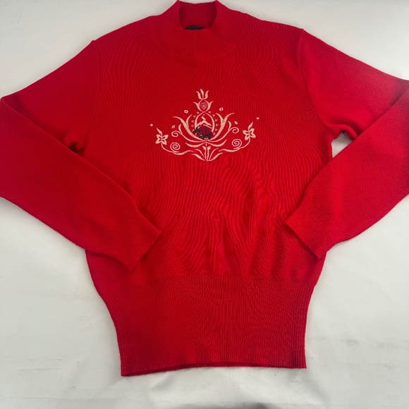 Bogner Women's Small Red Knit Sweater Pullover Embroidered Floral Crewneck - Picture 1 of 7